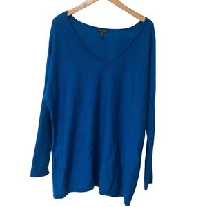 Eileen Fisher V Neck Sweater XL 100% Merino Wool Teal Blue Tunic Ribbed Sleeve
